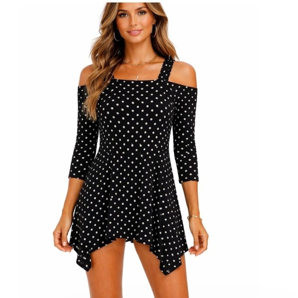 Clara Sunwoo Tunic Top Womens M Black Polka Dot Cold Shoulder Sharkbite Hem